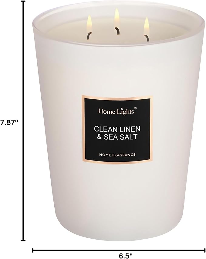 HomeLights Scented Candles - Large Jar Aromatherapy, Natural Soy Wax, 130 Hour Long Burning, Clean Linen & Sea Salt