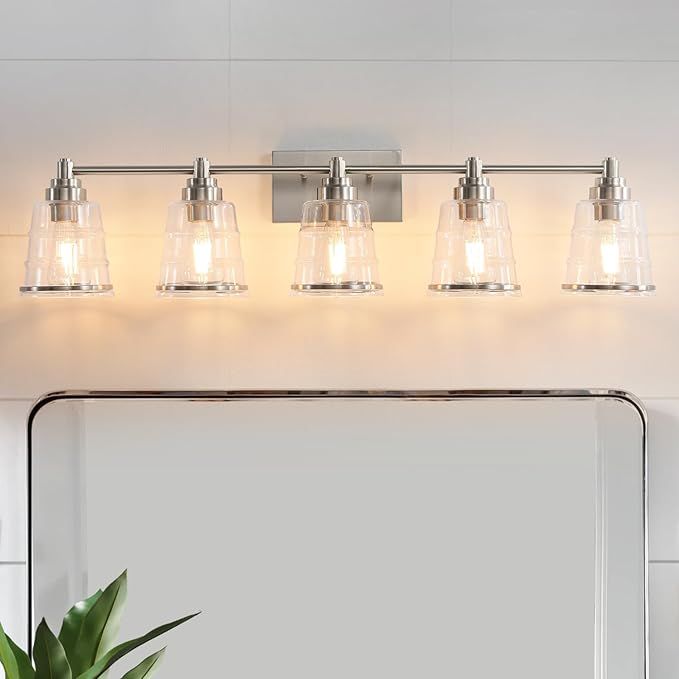 Brushed Nickel Bathroom Vanity Light Fixture, 5 Light Bathroom Light Fixtures Over Mirror with Clear lampshade and Metal Base Sconce, 37 inch Modern Vanity Light for Bathroom(Exclude E26 Bulb)