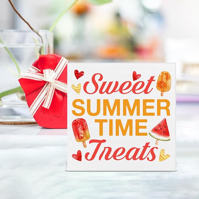 Ice Cream Decor Summer Wood Block Sign Summer Popsicles Decorations for Home Kitchen 5 x 5 Inches