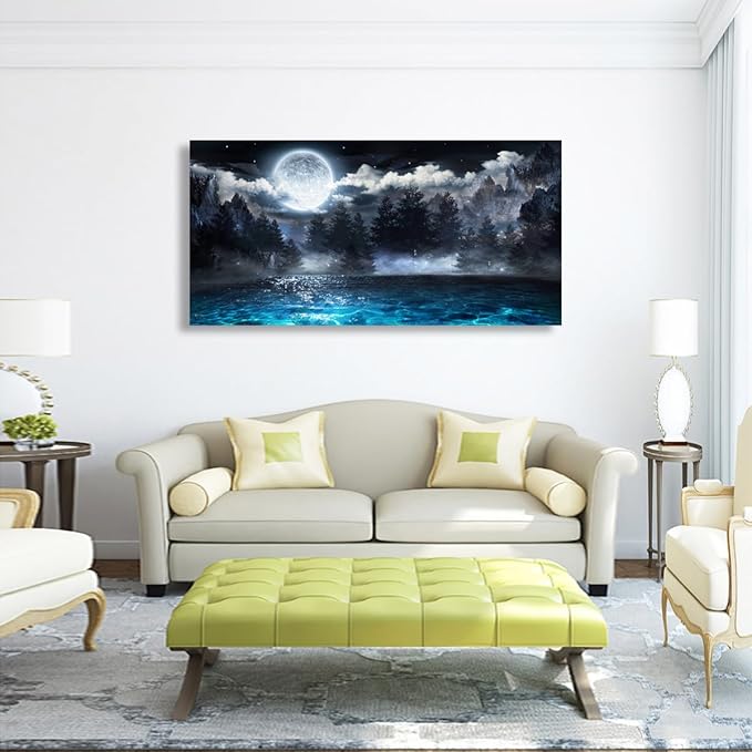 Moon Ocean Pictures Canvas Wall Art for Living room Office Bedroom Wall Decor,Ocean Wall Art Print Paintings Modern Mystery Cloud Forest Blue Lake Artwork Waterproof Ready to Hang-28X57 inch