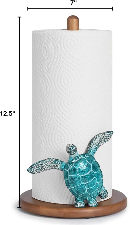 Turtle Paper Towel Holder - Coastal Decor for Home Ocean Decor Beach House Beachy Themed, Sea Turtle Gifts for Women, Cute Decorative Paper Towel Holder Stand Countertop Kitchen Nautical Teal Wood