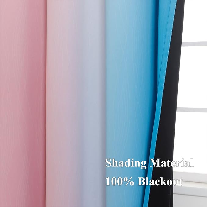 Estelar Textiler Pink and Blue Curtains 63 Inch Length 2 Panels, Ombre Total Blackout Curtains for Bedroom, Grommet Thermal Insulated Gradient Blackout Drapes for Kids Room, 52x63 Inch