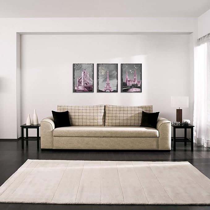 YUANAND Eiffel Tower Wall Decor Girls Pink Room - Paris Wall Decor Canvas Art Pictures - Bedroom Decor Framed Posters Paintings