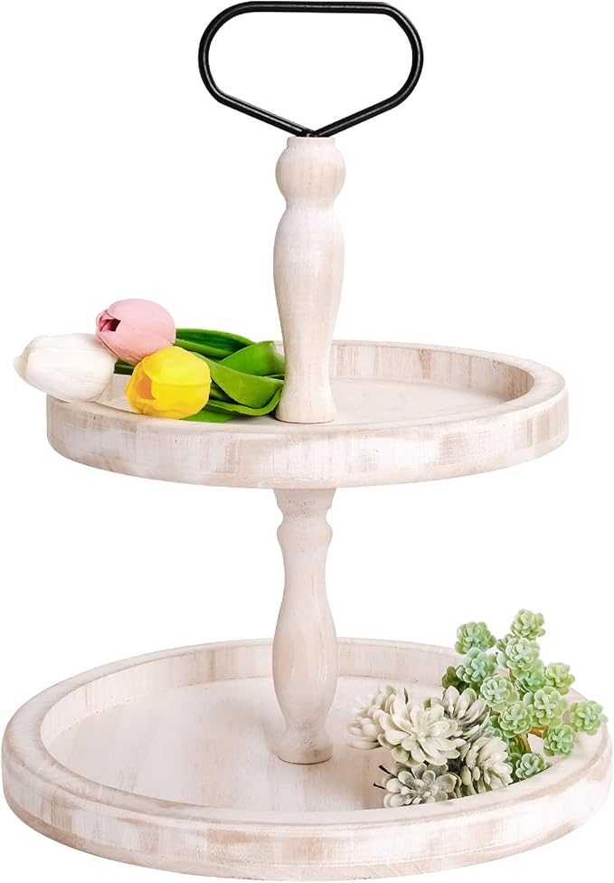 Mustry Rustic Wooden 2 Tiered Tray, Round Farmhouse Kitchen Table Decor Serving Tier Tray, Food Fruits Cupcake Display Coffee Bar Home Party Seasonal Decorations (White)