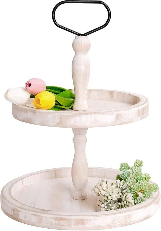 Mustry Rustic Wooden 2 Tiered Tray, Round Farmhouse Kitchen Table Decor Serving Tier Tray, Food Fruits Cupcake Display Coffee Bar Home Party Seasonal Decorations (White)