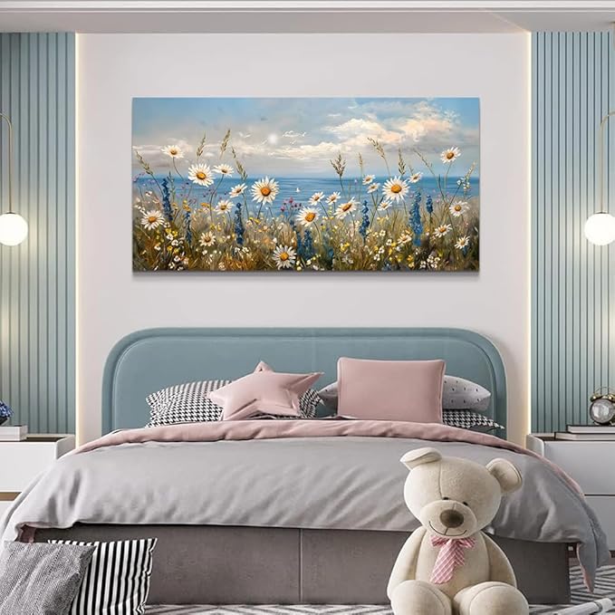Wapluam Large Canvas Wall Art for Living Room Blue Ocean Wall Decor For Bedroom Bathroom Decoration Natural Seascape Painting Modern Office Wildflowers Artwork Pictures Home Decor Ready To Hang