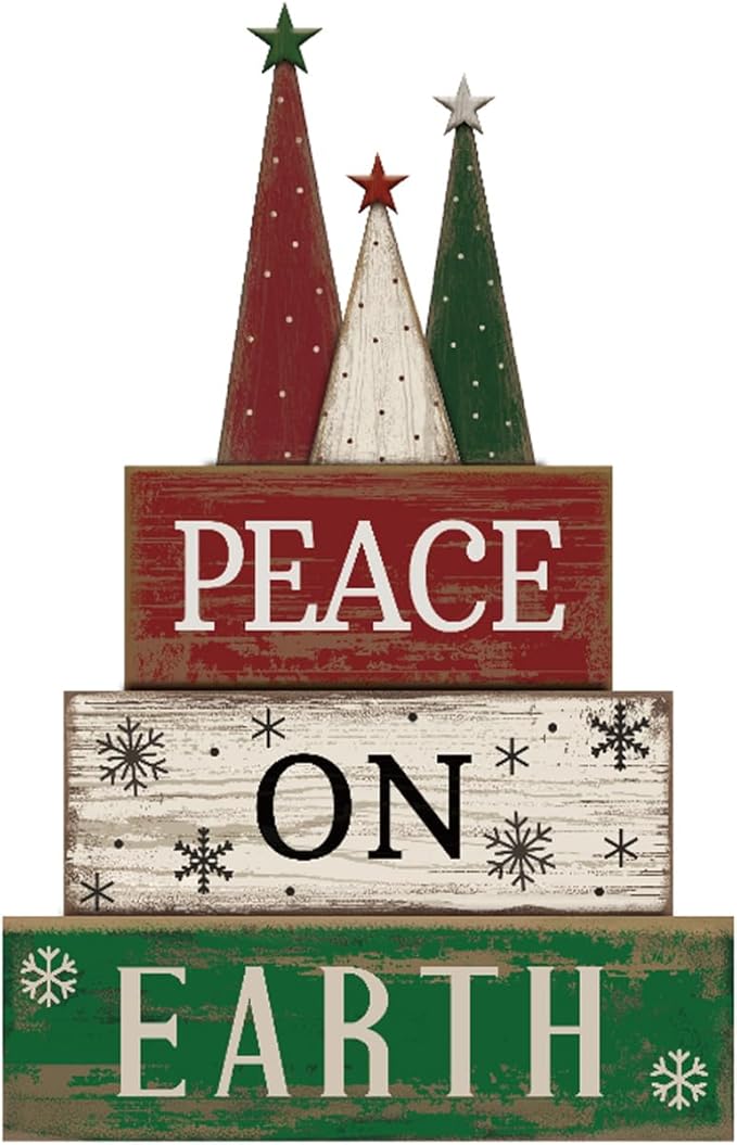 4 Pcs Christmas Table Decoration Wooden Christmas Tree Sign Winter Tiered Tray Decor Decorative Red Green and White Tree Block Signs Xmas Table Centerpiece Farmhouse Decor for Home Kitchen