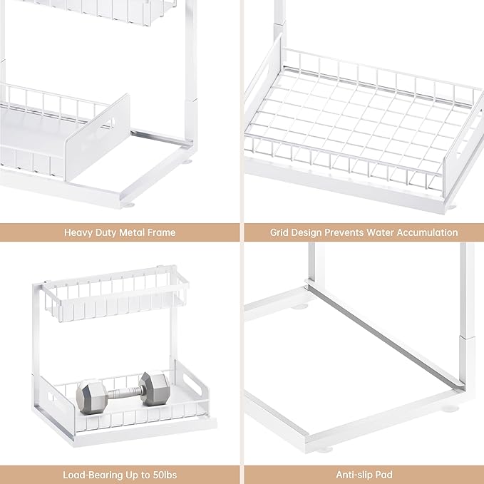 VUSIGN 2 Pack Under Sink Organizer and Storage, 2 Tier Under Cabinet Organizer for Bathroom Kitchen with Pull Out Storage Shelf Drawer, White