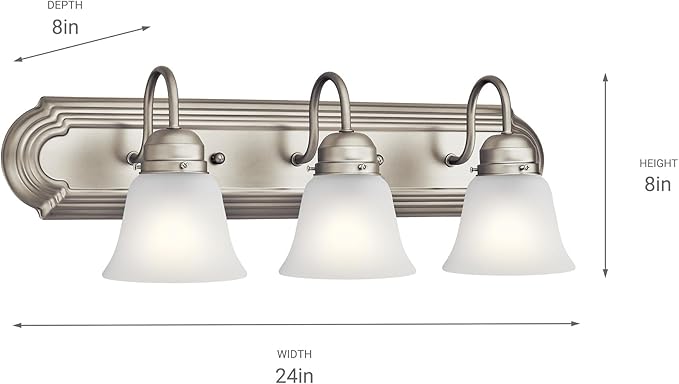 Kichler 24" 3-Light Vanity Bath Light in Brushed Nickel, Modern Bathroom Light with Clear Satin Etched Glass, (24" W x 8" H), 5337NIS