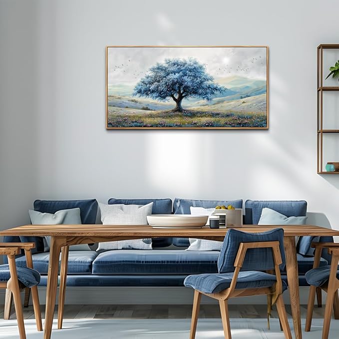 ZUITINGHUA Large Wood Framed Wall Decor For Living Room Canvas Wall Art For Office Modern Wall Decorations For Bedroom Blue Tree Landscape Painting Farmhouse Pictures Artwork Home Decor 24x48 In