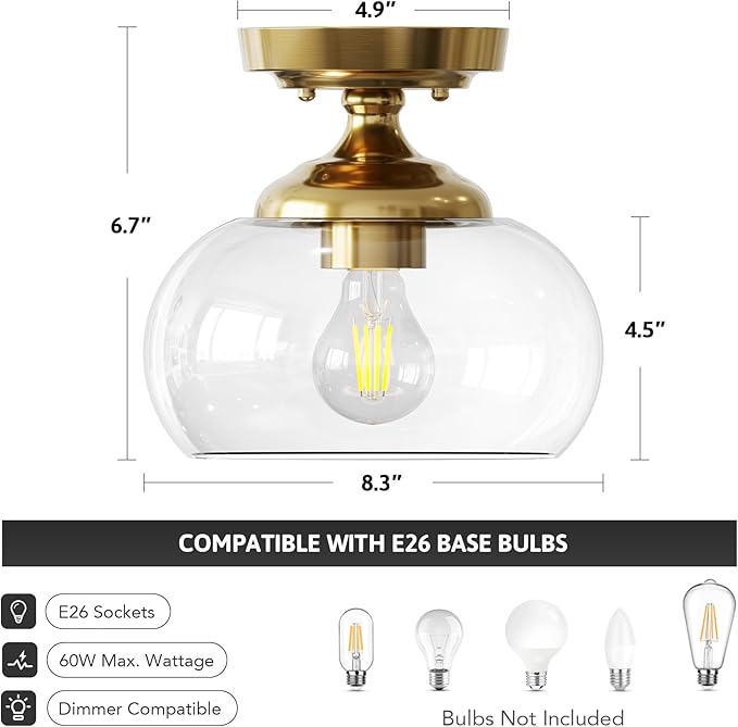 VONLUCE Industrial Semi Flush Mount Ceiling Light, 8.3" Ceiling Light Fixture with Clear Glass Shade, Farmhouse Lighting for Hallway Kitchen Bedroom Entryway, Brushed Gold Flush Mount Light Fixture