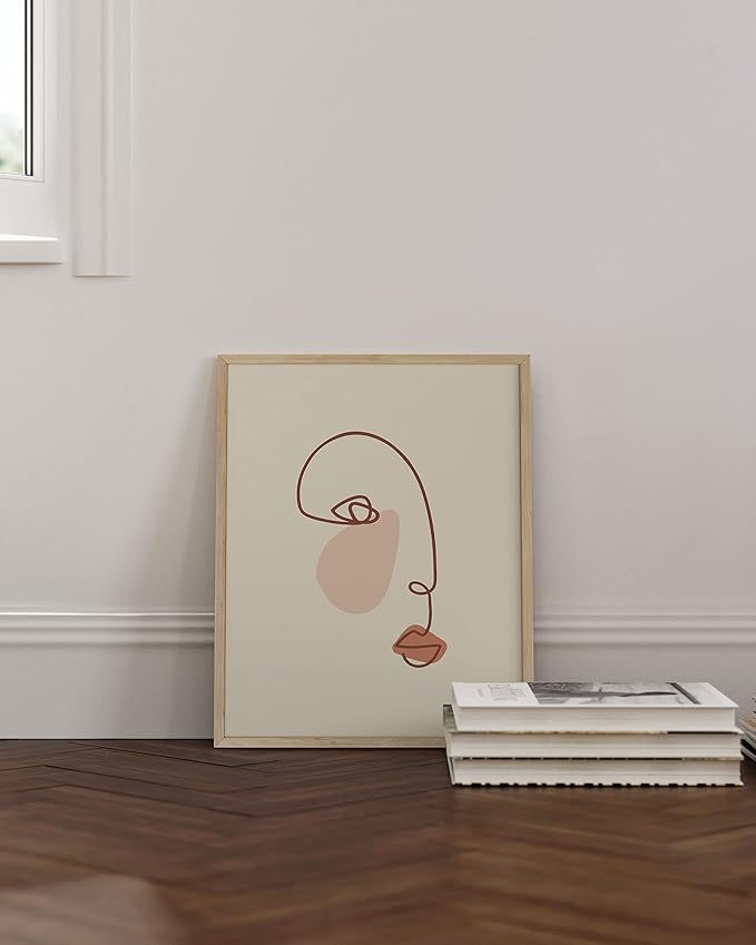 HAUS AND HUES Female Figure Wall Art Line Drawing - Single Line Drawing Wall Art, Minimalist Woman Art Print Line Art Wall Decor Silhouette Lipstick (Beige Frame, 16x20)
