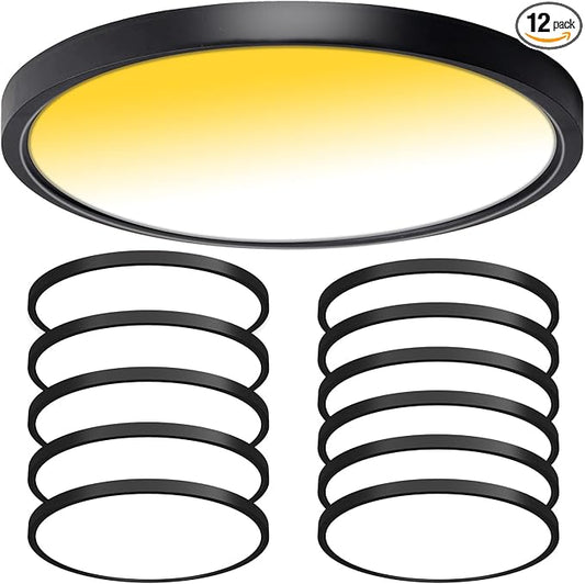12 Pack Black Flush Mount Ceiling Light, Dimmable & 3000K-4000K-5000K Selectable, 12 Inch 20W,Bright 2000LM, Low Profile, ETL