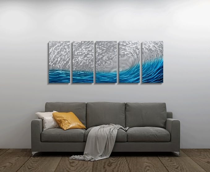 Yihui Arts Metal Wall Art - Silver Sea Waves 3D Sculpture, 5 Piece Hand Crafted Aluminum Coastal Artwork for Large Abstract Living Room, Bedroom, Bathroom Decor - Blue