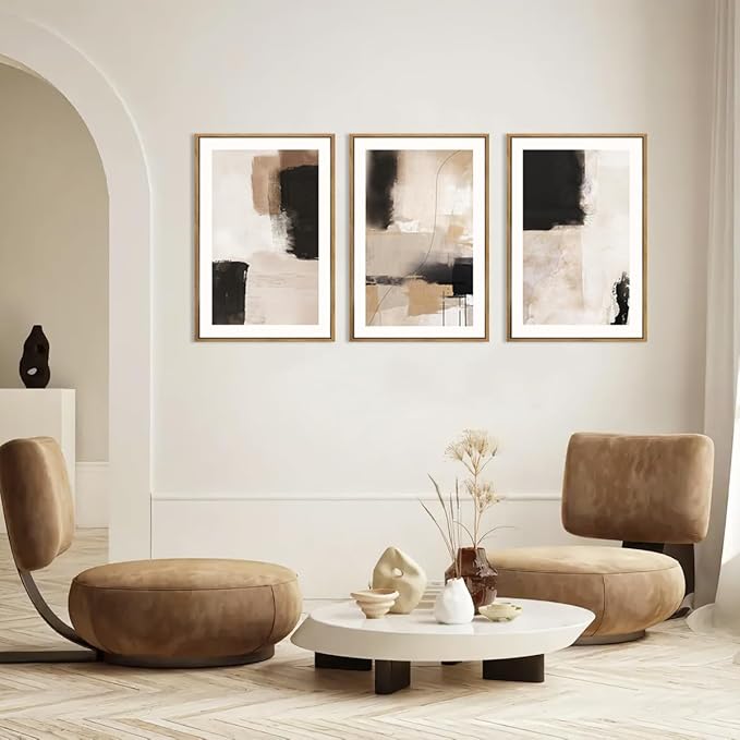 ANHUIB Neutral Abstract Wall Art Beige Modern Wall Decor 16x24 Inch Minimalist Black Paintings Set of 3 for Living Room Bedroom Dining Room