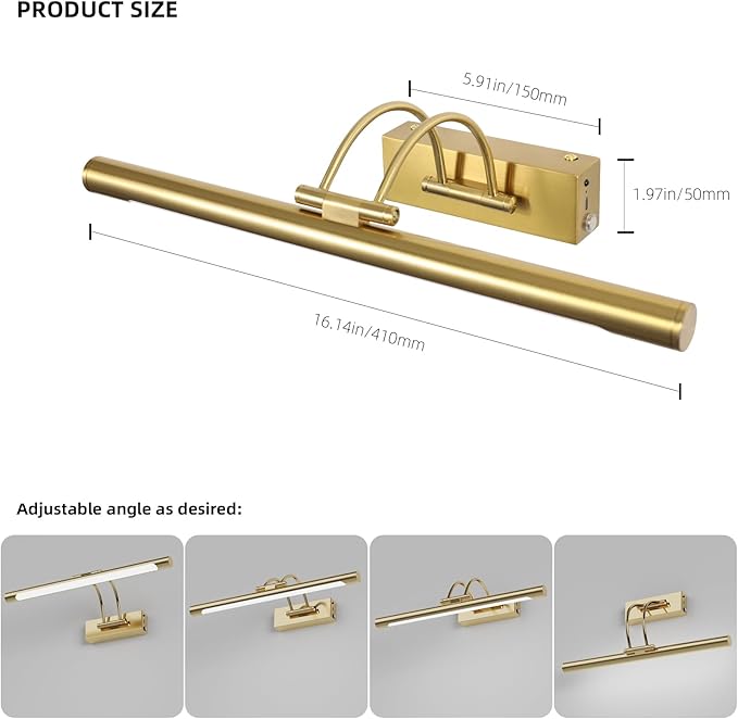 Picture Frame Light,16.14 inch Wireless Picture Lights Rechargeable for Wall with Remote,5000mAh 3CCT Dimmable and Timer Remote Art Lighting for Paintings for Pictures Display,Gold