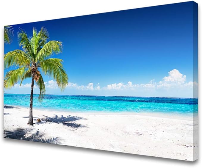 Baisuart-S03969 Large Canvas Wall Art Summer Ocean Waves Prints Coconut Trees on Sands Beach Seascape Painting Sea Nature Pictures Framed for Living Room Home Office Wall Decor Artwork