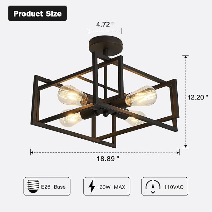 ZGLAOJT 4-Lights Close to Ceiling Light,Black Light Fixture Industrial Flush Mount Ceiling Light ,Farmhouse Chandelier Lighting for Kitchen Island Dining Room Bedroom Foyer Hallway