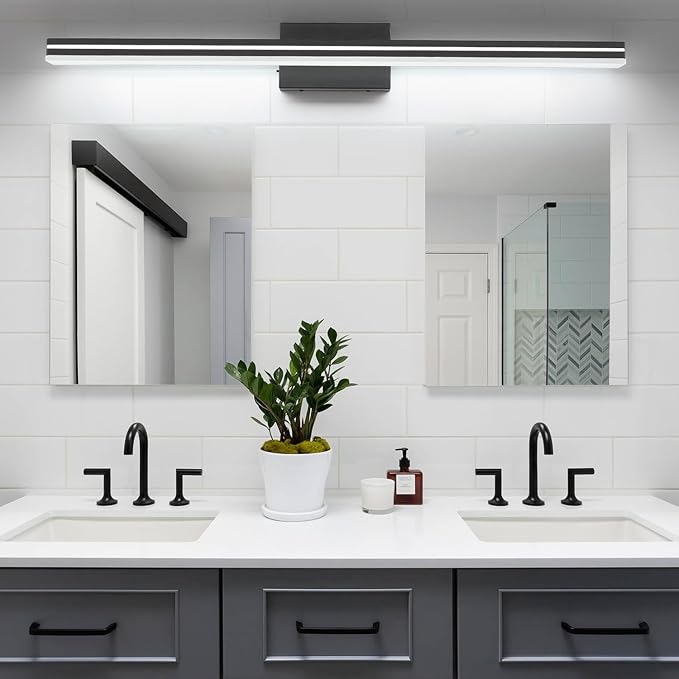 SineRise LED Modern Bathroom Vanity Light Bar (48-Inch, 3000K/4000K/6000K), Matte Black Dimmable Modern Acrylic Bathroom Wall Lighting Fixtures Over Mirror
