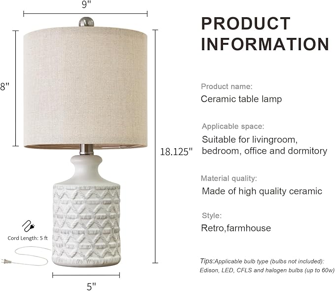 PoKat 18" Farmhouse White Ceramic Table Lamps Set of 2 for Living Room Small Beside Lamps Bedroom Nightstands Lamps End Small Table Lamps