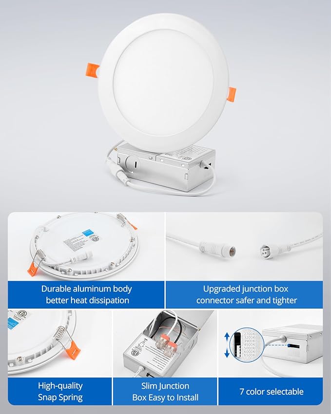 6 Inch LED Recessed Ceiling Light, 12W Dimmable Canless Wafer Downlight, Damp-Rated for Kitchen Living Room Basement Bathroom, Ultra Thin with Junction Box, 1000LM 7CCT 2700K-6500K, 20 Pack