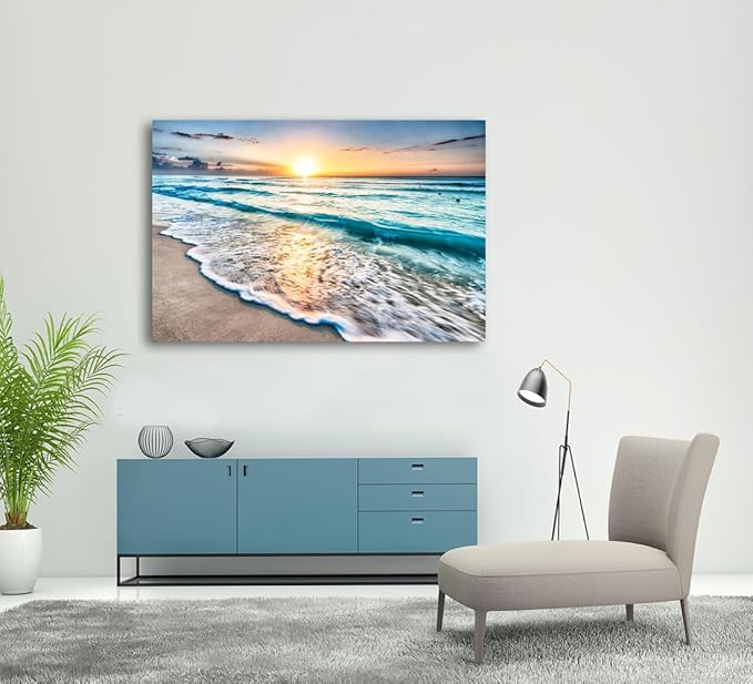 Baisuart S02269 Canvas Prints Wall Art Beach Sunset Paintings Ocean Waves Nature Pictures Stretched Canvas Wooden Framed for living Room Bedroom and Home Office Wall Decor Posters