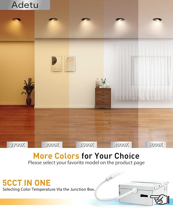 Adetu Recessed Lighting 6 inch, 360°+90° Adjustable Directional 6 inch 5CCT Gimbal Black Led Recessed Lighting, 2700K-5000K Dimmable Retrofit Eyeball Can Recessed Lights with Jbox, ET,Black (6 Pack