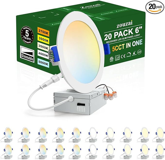 zouzai 20 Pack 6 Inch Ultra-Thin LED Recessed Ceiling Light with Junction Box 5CCT Adjustable Dimmable Can-Killer Downlight - ETL and Energy Star Certified