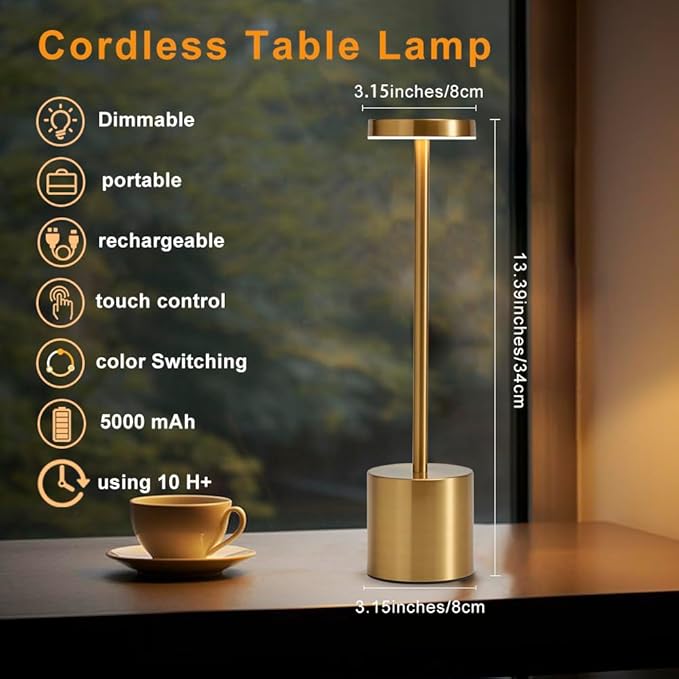 2 Pack LED Cordless Table Lamp, Portable 5000mAh Rechargeable Bedside Lamp, Touch Control Outdoor Table Lamps, 3 Color Dimmable Battery Operated Lamps for Restaurant/ Patio/ Bedroom/ Outdoor - Gold