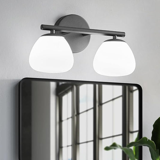 Modern 2 Light Bathroom Vanity Light Black Vanity Light Bathroom Light Fixtures Over Mirror with Milk Glass Shade Bathroom Wall Sconce