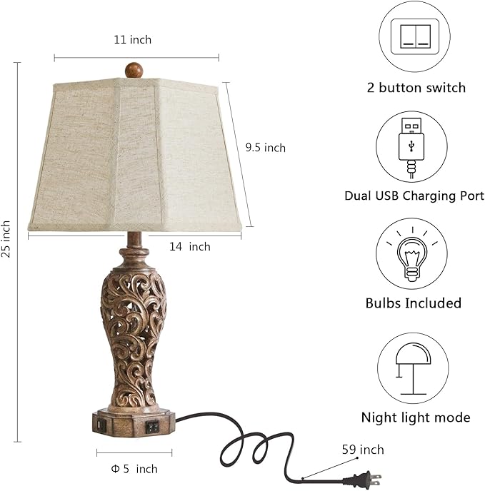 Set of 2 Rustic Table Lamps for Living Room Bedroom, 2 USB Ports 25'' Vintage Farmhouse Desk Lamp with Nightlight, Brown Hollow Out Resin Lamp for End Table (Bulbs Included)