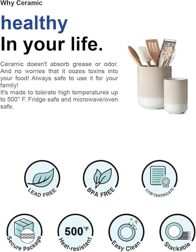 LE TAUCI Utensil Holder, 7.3"+5.4" Ceramic Kitchen Utensil Holder for Countertop, Large Cooking Utensil Crocks Gift for Mom, Boho Farmhouse Kitchen Decor, Set of 2, Reactive Glaze Arctic White