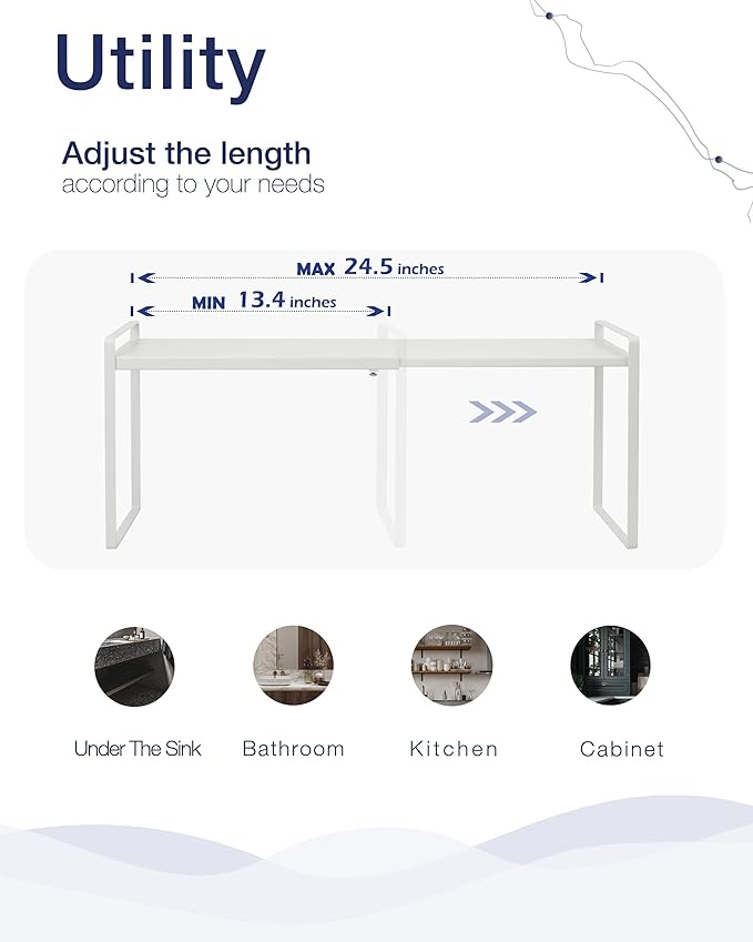 Nxconsu Expandable Cabinet Shelf Organizer Riser for Kitchen Pantry Cupboard Under Sink Countertop Home Storage Organization Rack Space Saver Freestanding Heavy Duty Nonslip Stackable White