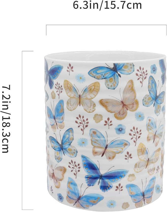Kitchen Utensil Holder,7.2″Extra Large Stable Pattern Ceramic Utensil Crock,Utensil Organizer for Countertop,Kitchen Decor,Utensil Holder for Housewarming,Wedding Gift (Butterfly)