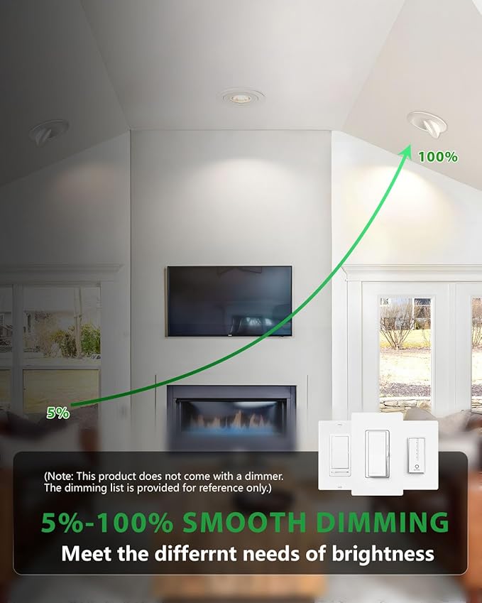 zouzai 5CCT LED Gimbal Led Recessed Light with Junction Box, 360ยฐ+90ยฐ Adjustable Directional Eyeball Lighting, Dimmable, 2700K/3000K/3500K/4000K/5000K,ETL&Energy Star (6 inch, White 1 Pack)