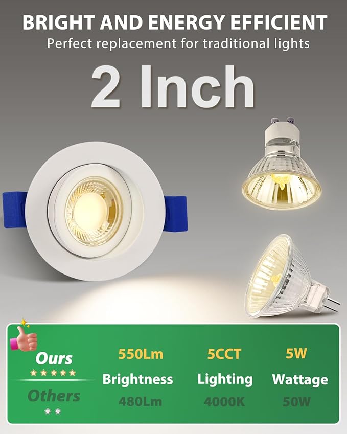 zouzai 5CCT LED Gimbal Led Recessed Light with Junction Box, 360ยฐ+90ยฐ Adjustable Directional Eyeball Lighting, Dimmable, 2700K/3000K/3500K/4000K/5000K,ETL&Energy Star (White 12 Pack, 2 inch)