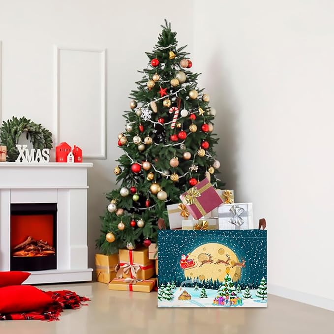 CLOCOR Rectangular Storage Basket Empty,Gift Basket,Waterproof Storage Bin with Handles,Room Decor(Sled Christmas)