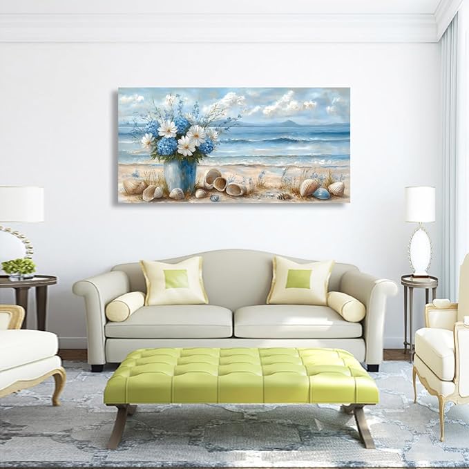 Ocean Waves Vase of Flowers Pictures Canvas Wall Art for Living room Office Bedroom Wall Decor Beach Sea Shell Wall Art Print Paintings Modern Abstract Scenery Artwork Ready to Hang-20x40inch