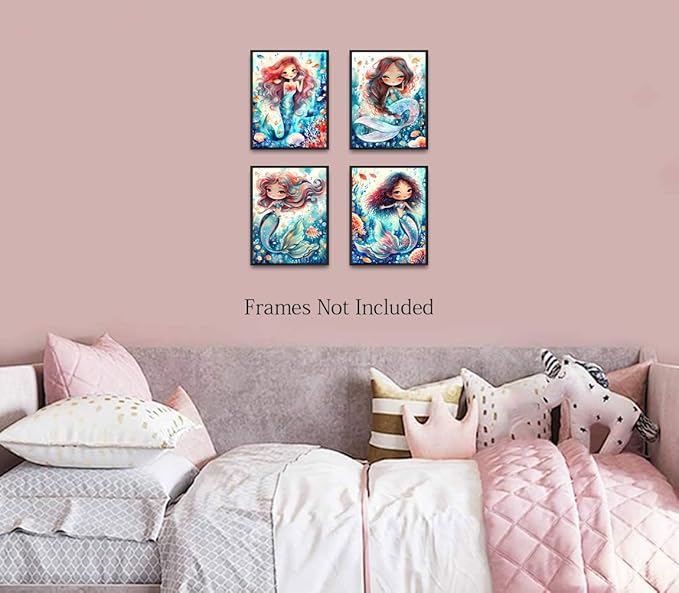 Mermaid Bathroom Decor Wall Art,Mermaid Decor Prints,Sea-Maid Nursery Wall Art Prints Animal Room Decor for Girls Bedroom Kids Bedroom Nursery Set of 4(8"x10"Unframed)