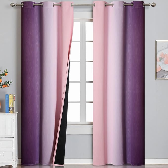 Ombre Pink and Purple Blackout Curtains 84 Inches Long, Full Room Darkening Curtains for Bedroom, Completely Light Blocking Grommet Thermal Insulated Gradient Drapes for Kids Room,42x84 Inch, 2 Panels