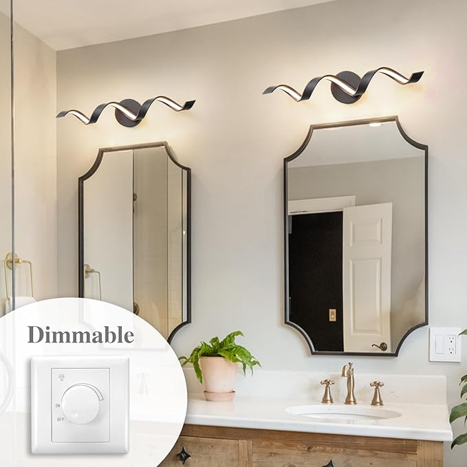 Dimmable Modern Bathroom Vanity Lights, 24 inch Spiral Design Black LED Bathroom Wall Light Fixtures Over Mirror for Living Room Bedroom 3000K Warm Light