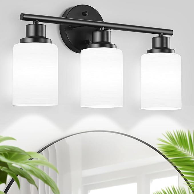 3-Light Bathroom Light Fixtures, Vanity Lights for Mirror with Milky White Frosted Striped Glass Shade, Modern Kitchen Light Fixtures Wall Sconce Light - E26 Base - Matte Black