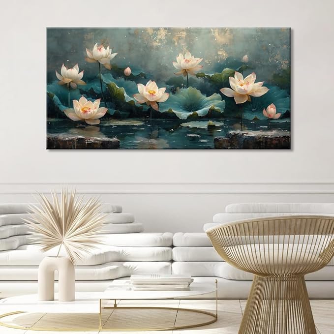 ZESTFLICKR Wall art of lotus pond, canvas decoration, used for religious yoga rooms and cicada-themed spaces, home and living room decoration, gifts, hand-painted works, masterpieces. (23x46inch)