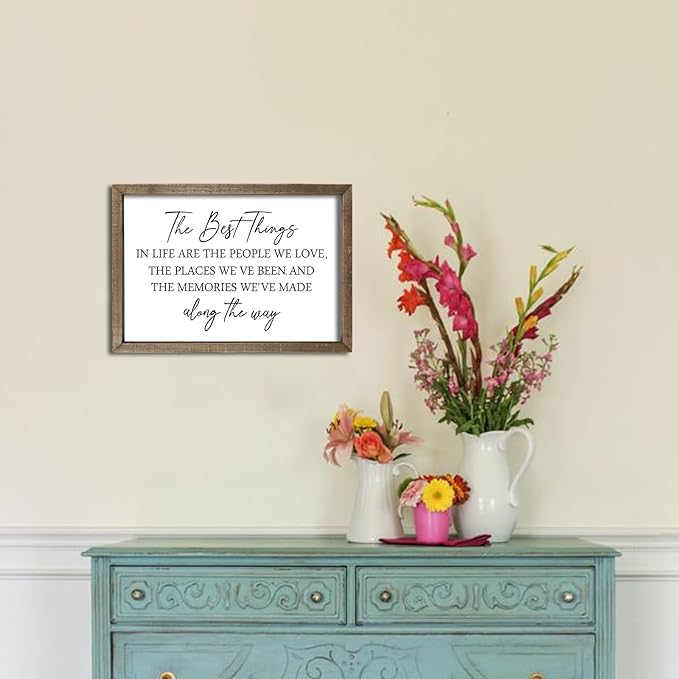 Comurdyo The Best Things in Life Sign 15.7''×11'' Framed Wood Memories Inspirational Quotes Wall Decor Vintage Farmhouse Wedding Gifts Sign Wall Art for family Home Bedroom (Wood)