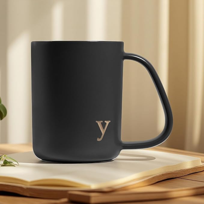 COLLECTIVE HOME - Ergonomic Handle Ceramic Mug, 15 oz Personalized Coffee Cup with Golden Initial, Microwave & Dishwasher Safe, Elegant Monogram Tea Mug in Gift Box for Home & Office (Black-y)