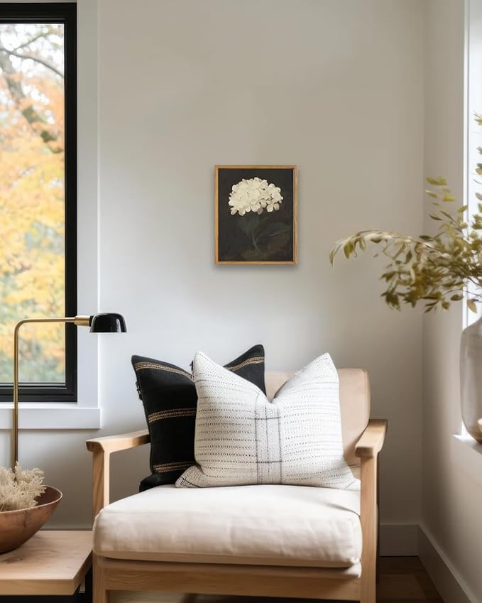 KBKBART Framed Wall Art Vintage Wall Art Room Decor, White Hydrangea Still Life Flower Canvas Oil Painting Prints, Classical Floral Wall Decor, Bedroom Bathroom Pictures Artwork(8“x10