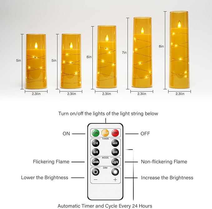 Flameless LED Candles with Timer 5 Pc Flickering Flameless Candles for Romantic Ambiance and Home Decoration Stable Acrylic Shell,with Embedded Star String,Battery Operated Candles(Gold)