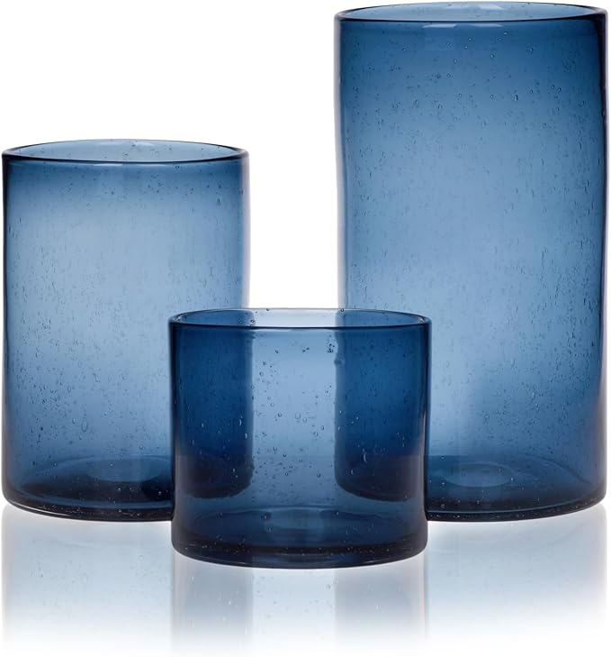 ARIAMOTION Glass Hurricane Candle Holders Bulk for Pillar Blue Seeded Bubbles Cylinder Table Centerpiece Modern Rustic Vases Home Decor 10" 7" 4" Set of 3