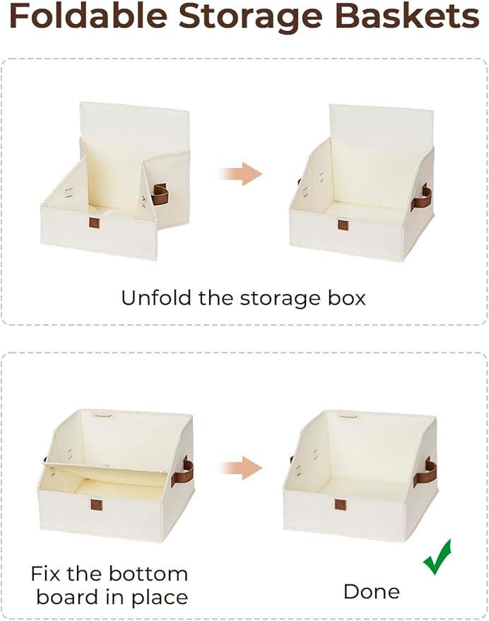 StorageWorks Closet Storage Bins, Trapezoid Organizer Box for Shelves, Fabric Clothes Bin, Foldable Organizing Baskets with Handles, Small, Ivory White, 3-Pack