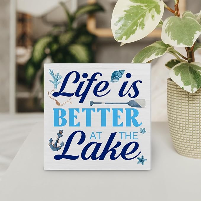 Summer Lake Decor Lake House Wood Block Sign Summer Decorations for Home Desk Table Shelf 5 x 5 Inches